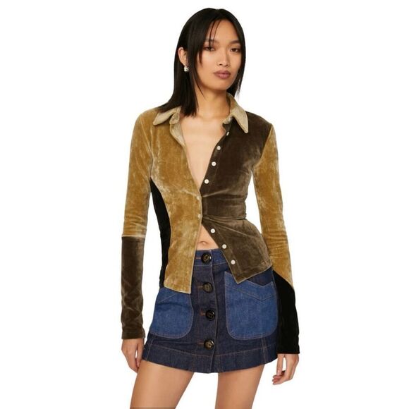 TheOpen Product Brown Paneled Velvet Button Up Top - Picture 1 of 9